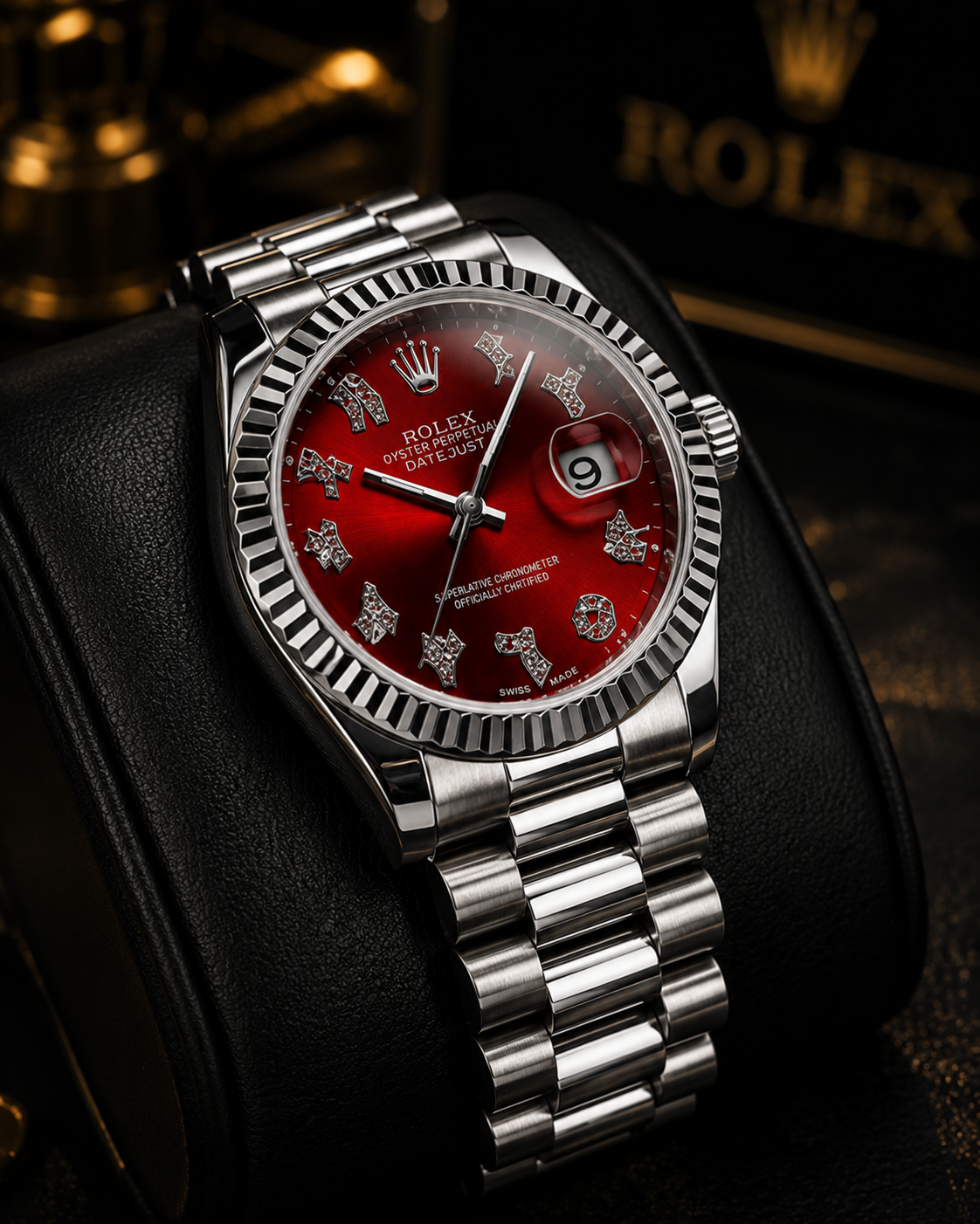 Luxury Date Style Automatic Styled Rolex Watch – Red Diamond Dial | Stainless Steel | Sapphire Crystal | Premium Men's Watch