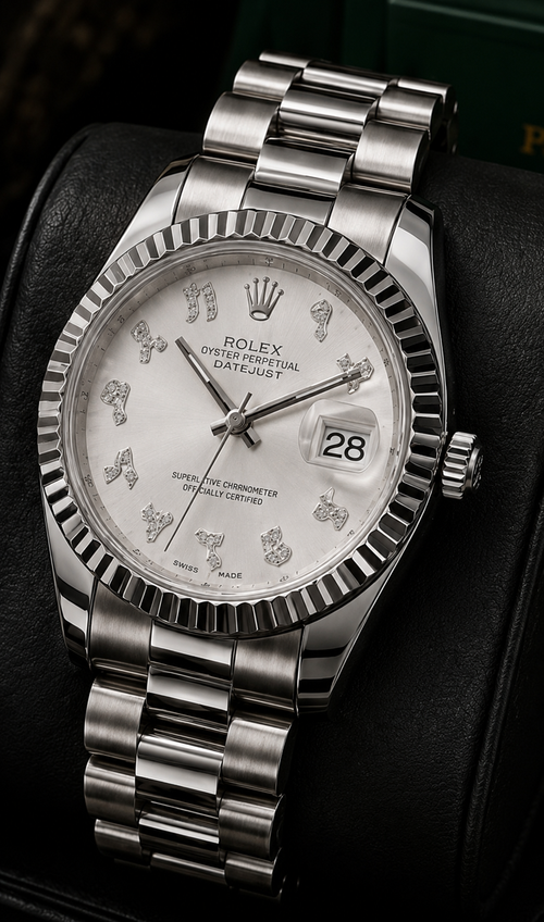 Luxury Rolex Date Style Automatic Watch – Silver Diamond Dial and Arabic Numerals Watch | Stainless Steel Bracelet | Sapphire Crystal | Premium Men's Watch