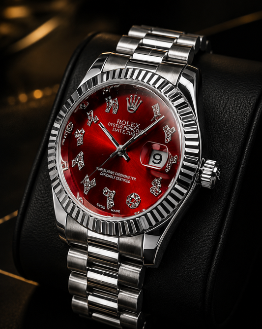 Luxury Date Style Automatic Styled Rolex Watch – Red Diamond Dial | Stainless Steel | Sapphire Crystal | Premium Men's Watch