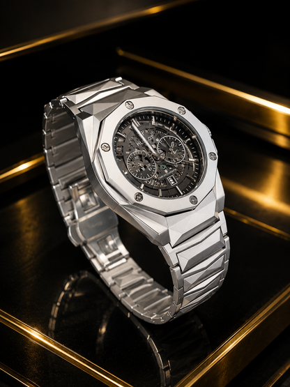 Luxury Octagonal Chronograph Watch – Black Dial | Stainless Steel Bracelet | Premium Men's Watch | Silver Mafia Watch | With Double Master Lock