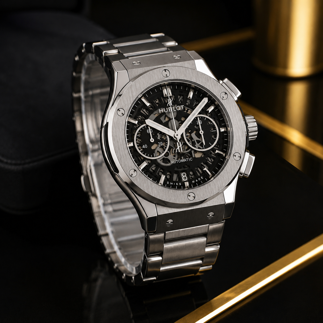 Luxury Skeleton Chronograph Watch – Silver Stainless Steel Bracelet | Automatic Style | Premium Men's Watch | Official-Classic Hublot | With Double Master Lock