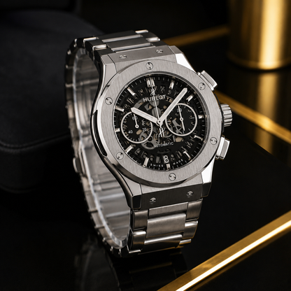 Luxury Skeleton Chronograph Watch – Silver Stainless Steel Bracelet | Automatic Style | Premium Men's Watch | Official-Classic Hublot | With Double Master Lock