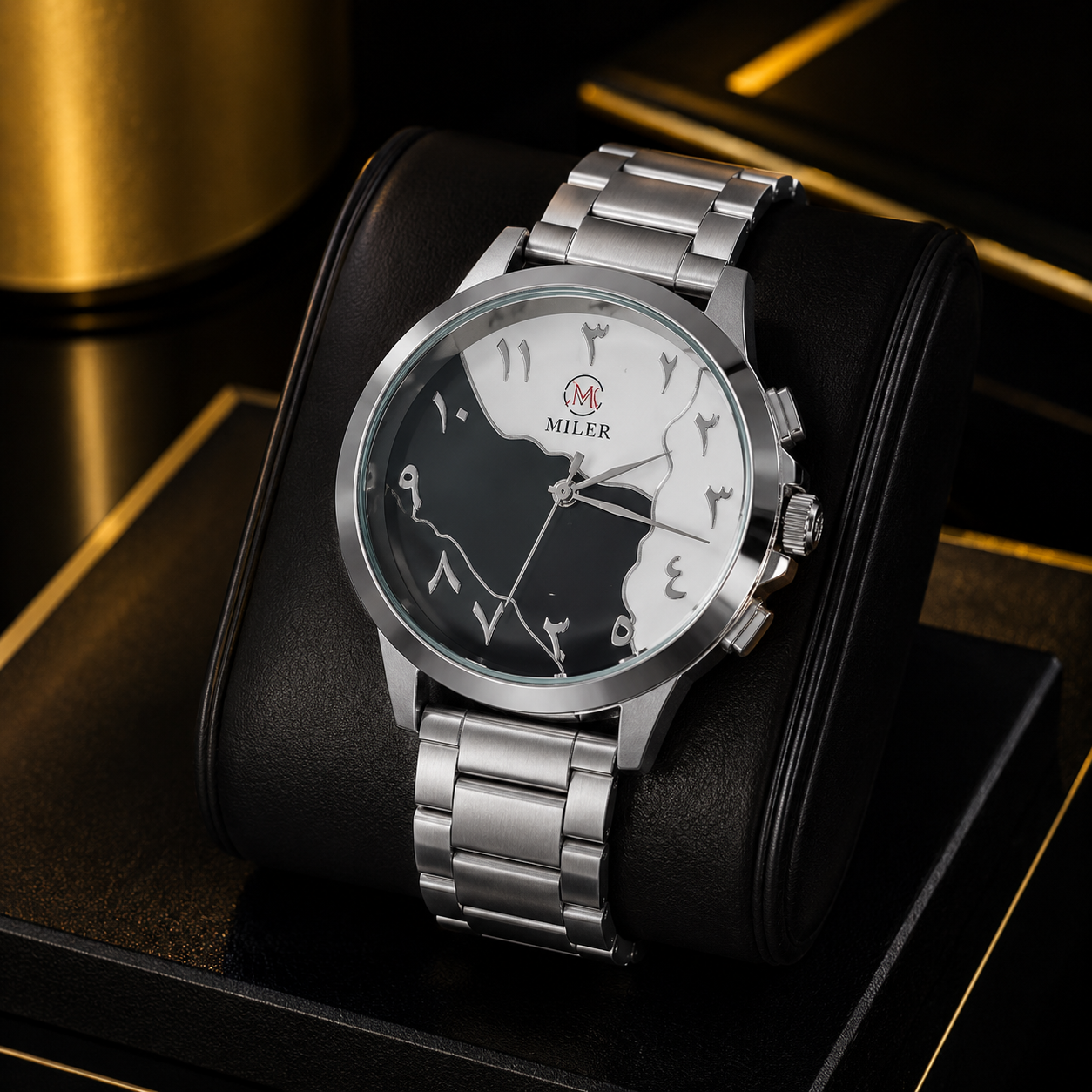 MILER Dual Tone Arabic Dial Watch – Black & White Dial | Stainless Steel Bracelet | Premium Men's Watch