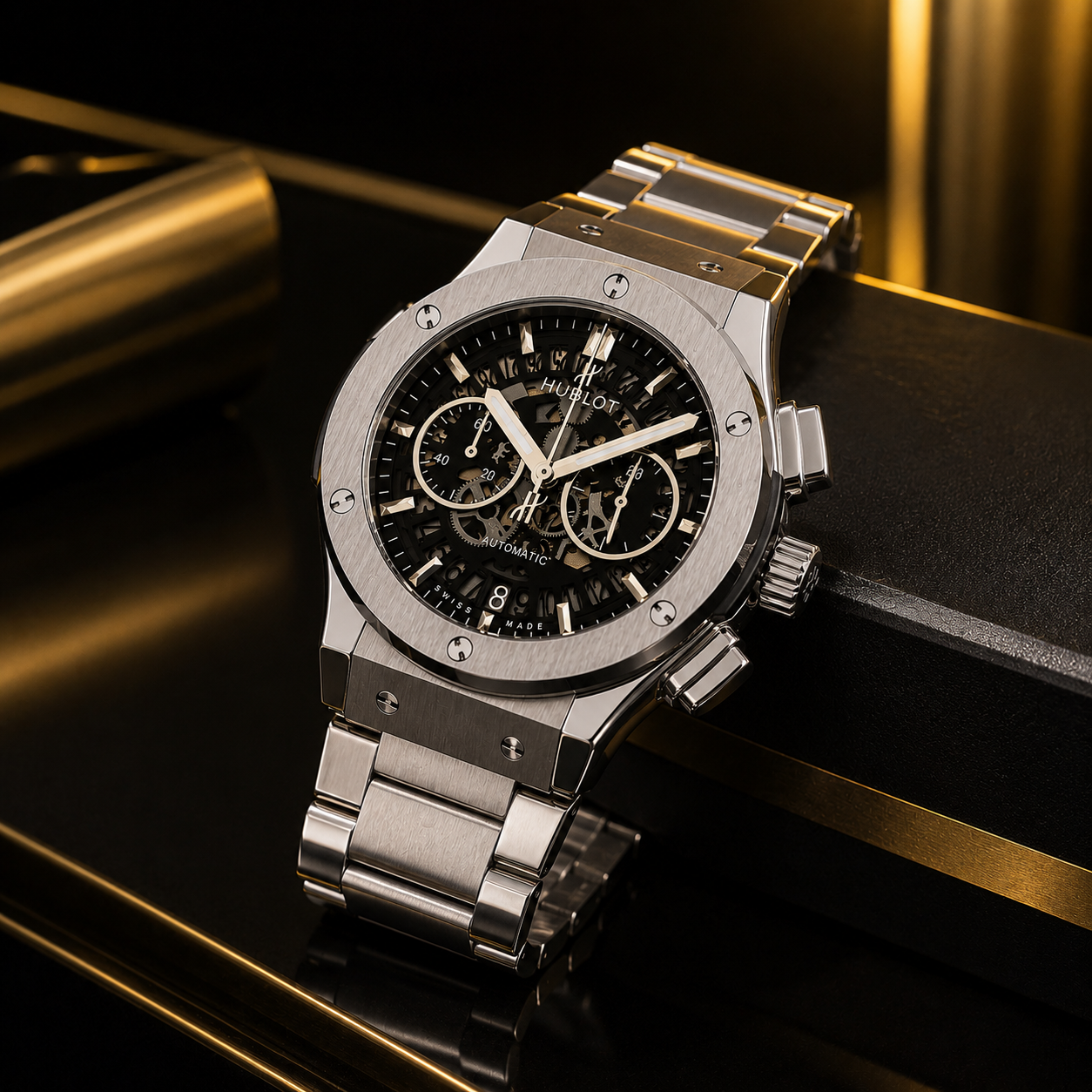 Luxury Skeleton Chronograph Watch – Silver Stainless Steel Bracelet | Automatic Style | Premium Men's Watch | Official-Classic Hublot | With Double Master Lock