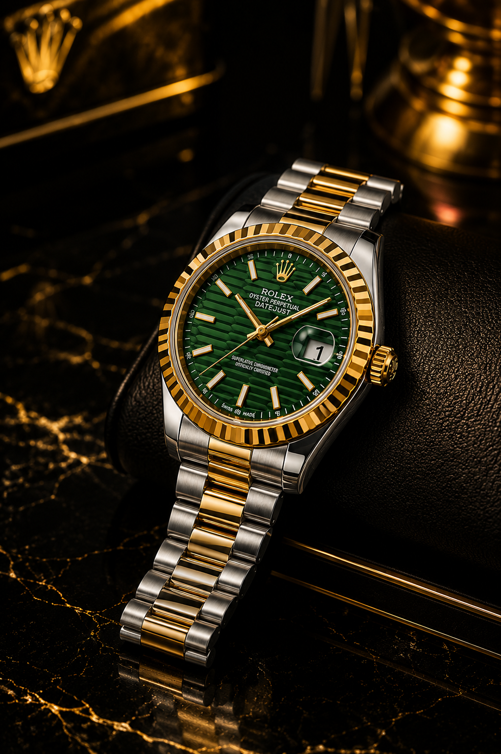 Luxury Rolex Saudi Date Style Automatic Watch – Green Sunburst Dial | Two-Tone Stainless Steel Bracelet | Sapphire Crystal | Premium Men's Watch