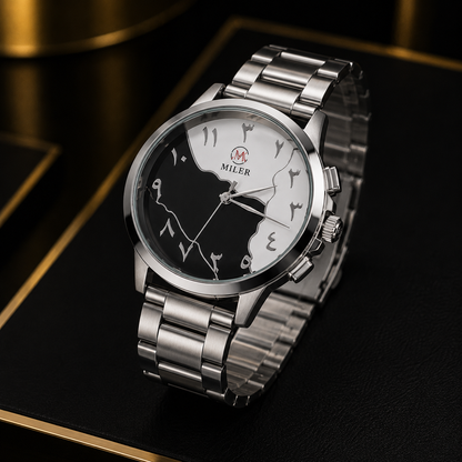 MILER Dual Tone Arabic Dial Watch – Black & White Dial | Stainless Steel Bracelet | Premium Men's Watch