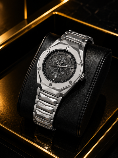 Luxury Octagonal Chronograph Watch – Black Dial | Stainless Steel Bracelet | Premium Men's Watch | Silver Mafia Watch | With Double Master Lock