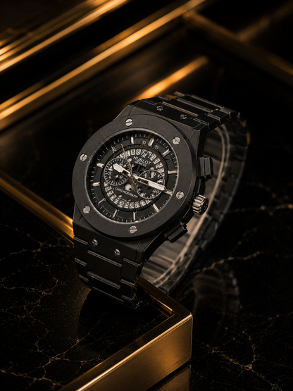 Luxury Black Chronograph Watch – Black Dial | All-Black Stainless Steel Bracelet | Premium Men's Watch | Classic-Official Hublot