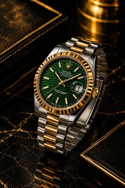 Luxury Rolex Saudi Date Style Automatic Watch – Green Sunburst Dial | Two-Tone Stainless Steel Bracelet | Sapphire Crystal | Premium Men's Watch