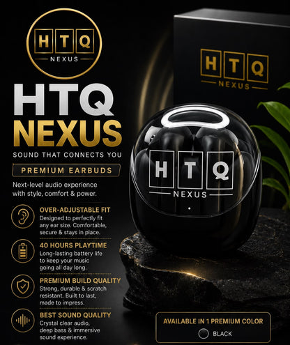 HTQ Nexus Premium Wireless Earbuds – Auto Adjustable Fit | 40 Hours Battery | Bluetooth 5.3 | Hi-Fi Sound | Type-C Charging | In Black Colour