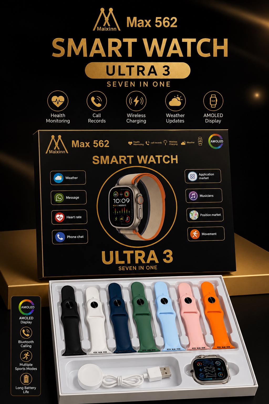 Max 562 Ultra 3 Smart Watch (7-in-1) | AMOLED Display | Bluetooth Calling | 7 Premium Straps