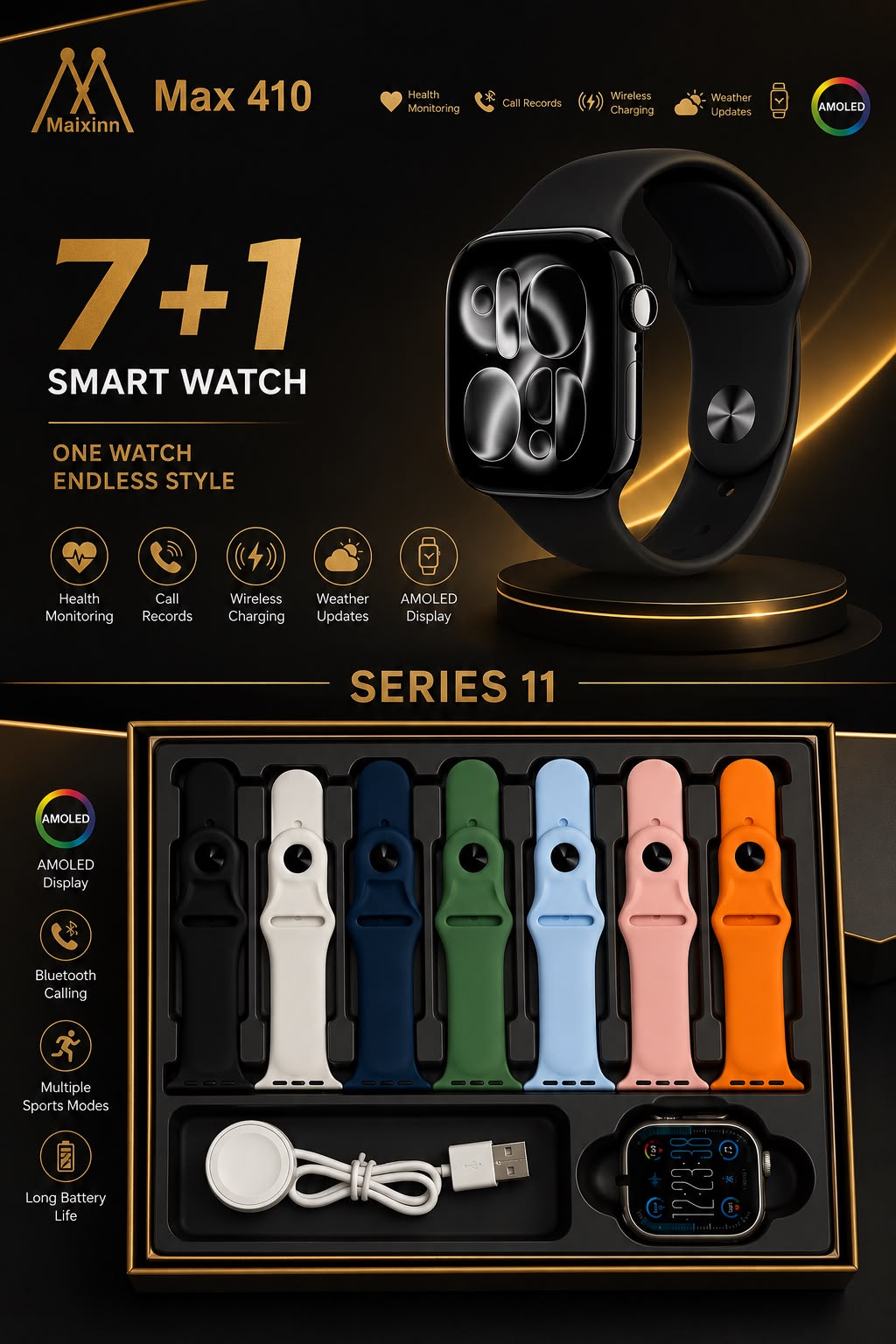 Max 410 Series 11 Smart Watch (7+1) | AMOLED Display | Bluetooth Calling | 7 Premium Straps