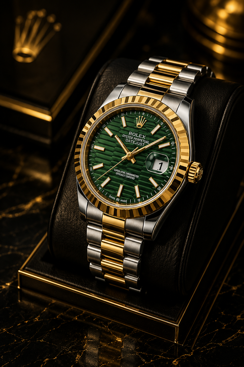 Luxury Rolex Saudi Date Style Automatic Watch – Green Sunburst Dial | Two-Tone Stainless Steel Bracelet | Sapphire Crystal | Premium Men's Watch