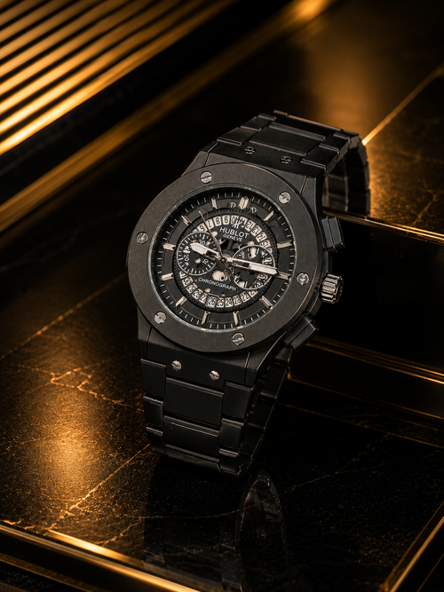 Luxury Black Chronograph Watch – Black Dial | All-Black Stainless Steel Bracelet | Premium Men's Watch | Classic-Official Hublot