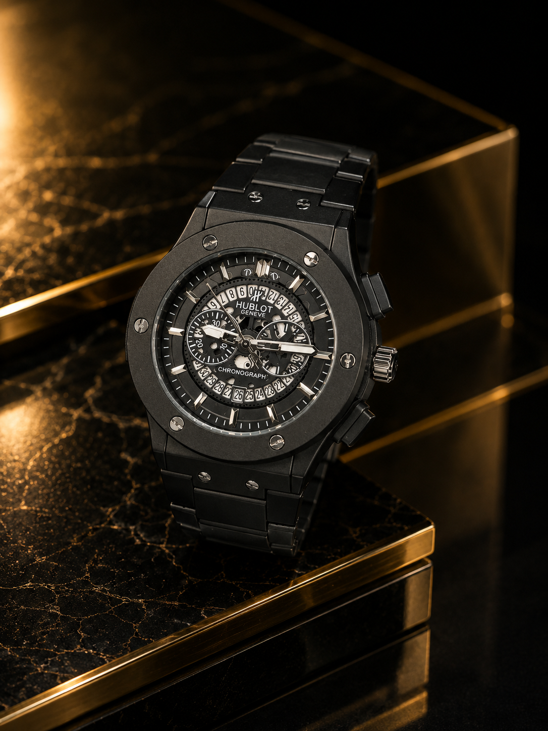 Luxury Black Chronograph Watch – Black Dial | All-Black Stainless Steel Bracelet | Premium Men's Watch | Classic-Official Hublot